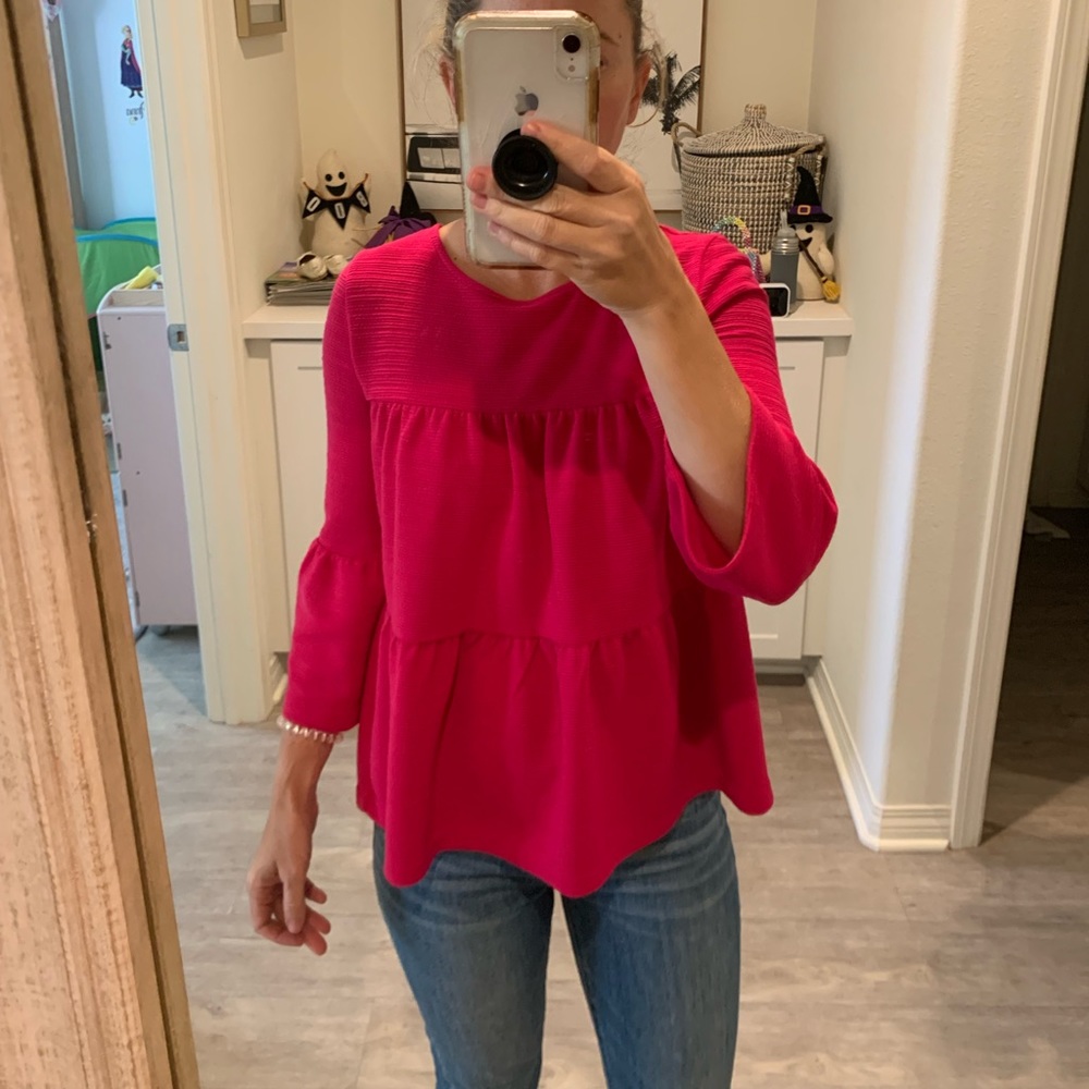 J. Crew Button-back Tiered Bell Sleeve top in Bright Berry | Size XXS